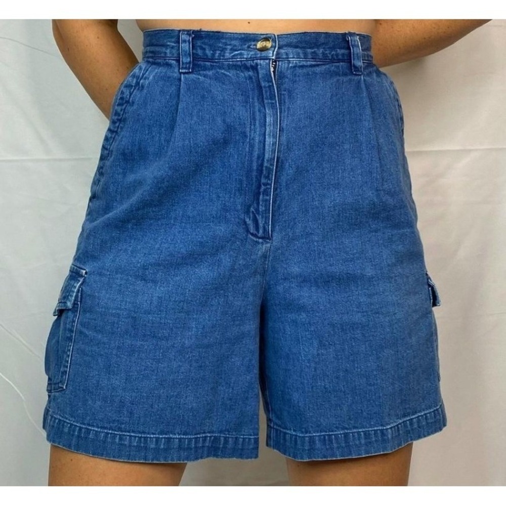 Talbots Vintage Denim Cargo Shorts High Waisted Pleated Medium Wash Women 10 EUC